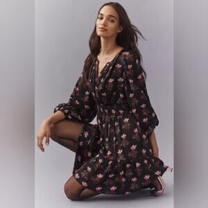 Anthropologie The Somerset Mini Dress Long-Sleeve Black Floral Medium NWT